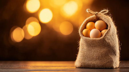A burlap sack filled with fresh eggs, set against warm, glowing background. scene evokes sense of rustic charm and abundanceの素材