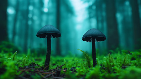 A Two black psychedelic mushrooms growing in misty forest, surrounded by lush green ferns and soft light filtering through trees, create mystical atmosphereの素材