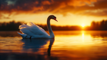 A graceful swan swimming on tranquil lake at sunrise, reflecting warm colors of sky. serene atmosphere evokes sense of peace and beautyの素材