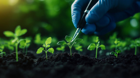 A close up of hand in blue glove using pipette to nurture young plants in rich soil, showcasing care and attention in plant growthの素材