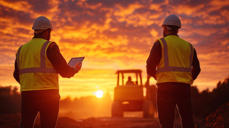 A Construction workers in yellow vests observe machinery at sunset, showcasing teamwork and safety in vibrant landscapeの素材