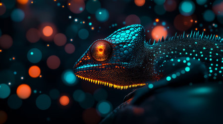 A vibrant chameleon with glowing skin and intricate patterns, set against colorful bokeh background. image captures blend of nature and digital art, evoking sense of wonderの素材