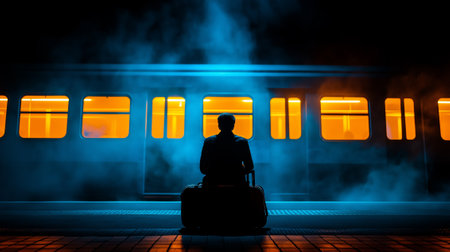 A man sits on his luggage at train station, surrounded by mist and illuminated by warm glow of train windows. scene evokes sense of solitude and anticipationの素材