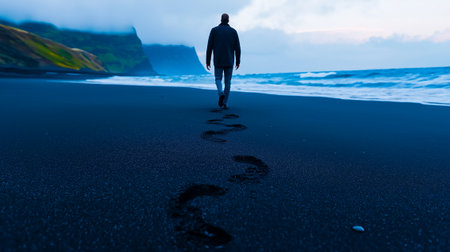 A man walks along black sand beach, leaving footprints in wet sand. dramatic cliffs and ocean waves create serene atmosphere, evoking sense of solitude and reflectionの素材