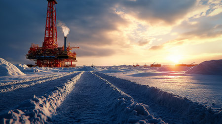 An oil rig in Arctic landscape, surrounded by snow and ice, with tire tracks leading towards it. sunset casts warm glow over icy terrain, creating striking contrastの素材