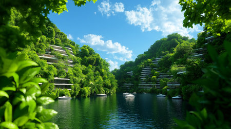 A Futuristic city with green plants and modern buildings by water, showcasing harmony between nature and architecture. serene landscape under bright blue skyの素材