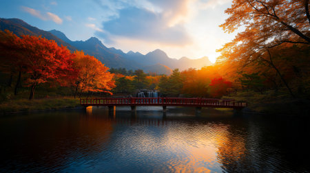 A serene landscape featuring vibrant autumn scene with red bridge over calm lake, surrounded by colorful trees and mountains in background. sunset casts warm glow, enhancing tranquil atmosphereの素材