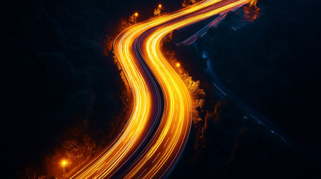 A Winding road with light trails at night, illuminated by street lamps, creating dynamic and vibrant scene. contrast of light and dark enhances visual appealの素材