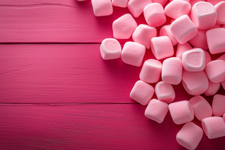 A pile of pink marshmallows on pink wooden surface, creating sweet and playful atmosphere. Perfect for desserts or festive occasionsの素材
