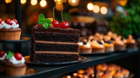 A Decadent chocolate cake with cherries, surrounded by assorted dessertsの素材