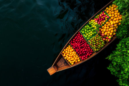 A Colorful fruits in baskets on floating market boat in Thailand, showcasing vibrant oranges, greens, and reds against dark water backdropの素材