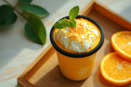 A Delicious orange dessert with whipped cream, mint garnish, and orange slicesの素材