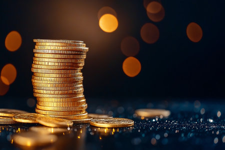 A stack of gold coins on table with blurred background of warm bokeh lights creates rich and luxurious atmosphereの素材
