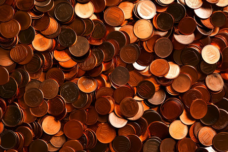 A close up view of large pile of shiny copper coins, showcasing their intricate details and textures. coins are stacked closely together, creating rich, warm visual effectの素材