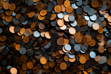 A close up view of pile of various American coins, showcasing their intricate details and textures. coins are arranged in chaotic yet visually appealing manner, reflecting light beautifullyの素材