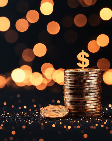 A stack of golden coins with dollar sign on top, surrounded by bokeh background, symbolizes wealth and prosperity. warm lights create festive atmosphereの素材