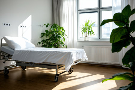 A modern hospital room featuring comfortable bed, large window, and indoor plants. bright space is designed for healing and comfort, with natural light enhancing atmosphereの素材