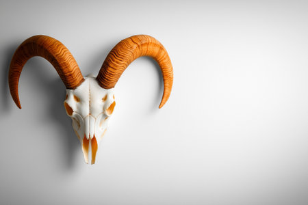 A goat skull with prominent horns displayed against white background, showcasing intricate details and textures. This striking piece adds unique touch to any decorの素材