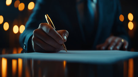 A businessman signing contract with pen, illuminated by soft lights, conveying sense of professionalism and commitmentの素材