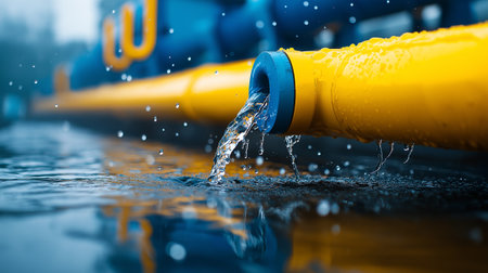 A Water flowing from yellow pipe into calm body of water, creating ripples and droplets. scene captures beauty of nature and engineering in harmonyの素材