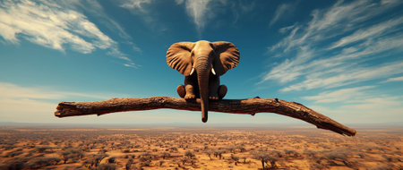 An elephant sitting on tree branch overlooking vast landscape, showcasing serene and whimsical scene. sky is bright with clouds, enhancing tranquil atmosphereの素材