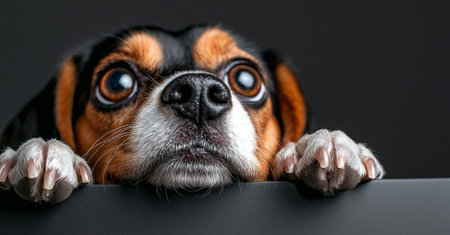 A beagle dog with big eyes looking curiously over surface, showcasing its expressive face and paws. image captures sense of longing and playfulnessの素材