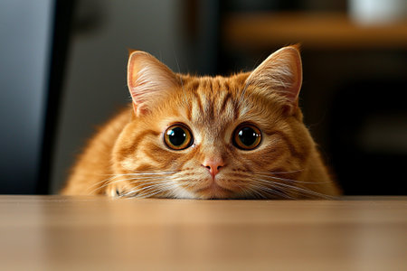 A curious orange cat with large eyes rests its head on wooden table, gazing intently. Its fluffy fur and expressive face create adorable and engaging sceneの素材