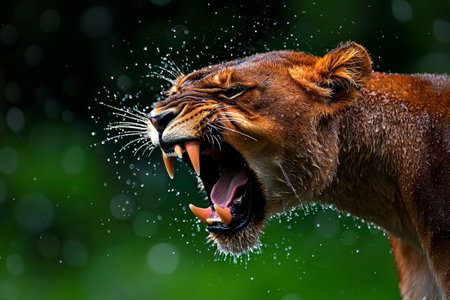 A close up of angry lioness roaring with water droplets around her, showcasing her fierce expression and sharp teeth. image captures raw power and beauty of this majestic animalの素材