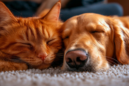 A Sleeping kitten and puppy snuggled together on soft surface, showcasing their peaceful bond. warm colors and cozy atmosphere evoke sense of comfort and companionshipの素材