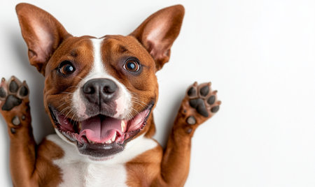 A Happy dog with big smile and raised paws against white background. This playful expression captures joy and energy of pet, making it perfect for animal loversの素材