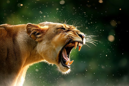 A close up of angry lioness showing her teeth in fierce roar, surrounded by misty atmosphere. powerful expression captures wild essence of this majestic animalの素材