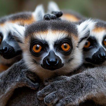 A group of ring tailed lemurs with striking orange eyes huddle closely together, showcasing their unique features and social bonds. Their playful expressions convey sense of warmth and connectionの素材