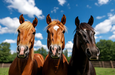 A Three horses of different colors stand together in sunny field, showcasing their unique beauty against bright blue sky. Their expressions convey sense of calm and companionshipの素材