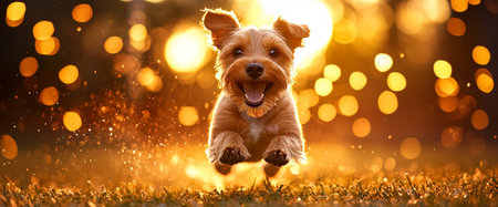 A joyful small dog running through sunlit field, surrounded by sparkling bokeh lights, exuding happiness and energyの素材
