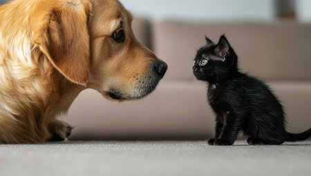 A cute dog and adorable kitten face each other on soft carpet, showcasing their playful curiosity and friendship. This heartwarming moment captures bond between petsの素材