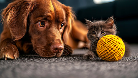 A happy dog and adorable kitten play together with yellow ball, showcasing their friendship and playful spirit in cozy indoor settingの素材