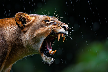 A lioness roaring aggressively in rain, showcasing her sharp teeth and fierce expression. dramatic lighting highlights her powerful presence in wildの素材