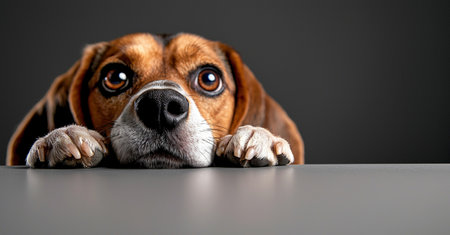 A beagle dog with expressive eyes peeks over table edge, showcasing its curious nature and playful demeanor. background is soft gray, enhancing dog featuresの素材