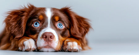 A brown and white Australian Shepherd puppy with blue eyes rests its head on surface, displaying curious and playful expressionの素材