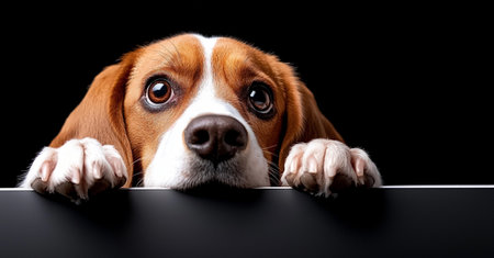 A Beagle dog peeking over surface with expressive eyes, showcasing curiosity and playfulness. dark background enhances dog features and emotionsの素材