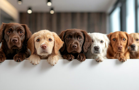 An Adorable dogs looking over white surface, showcasing various breeds and colors, creating heartwarming scene of curiosity and playfulnessの素材