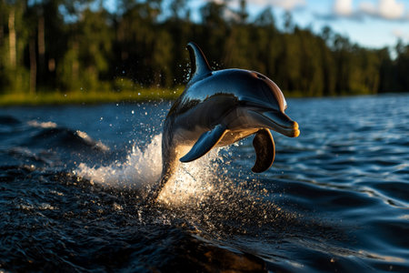 A Dolphin leaping out of water, creating splashes near shore, surrounded by trees. beautiful moment capturing grace and playfulness of marine lifeの素材
