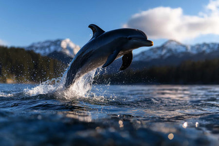 A Dolphin leaping out of water, creating splashes against scenic backdrop of mountains and blue sky. moment captures beauty and grace of marine lifeの素材