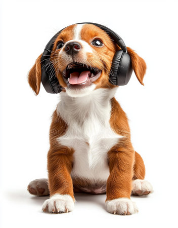 A Cute puppy wearing headphones, joyfully listening to music. This adorable pet exudes happiness and curiosity, making it delightful sight for animal loversの素材