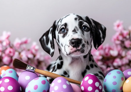 A Dalmatian puppy with paintbrush surrounded by colorful Easter eggs and flowers, creating playful and festive atmosphereの素材