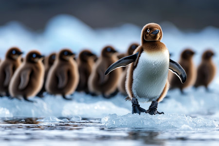 A Fluffy brown chicks of king penguins stand out against icy blue waters, showcasing their playful nature and unique appearanceの素材