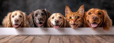 A Happy dogs and cat peeking over white surface, showcasing their playful expressions and friendly demeanor. This delightful scene captures joy of pets togetherの素材