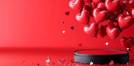 A vibrant display of heart shaped balloons floating above podium, surrounded by scattered heart confetti, creating romantic atmosphere perfect for celebrationsの素材