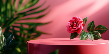 A vibrant pink rose placed on round podium against soft pink background, surrounded by lush green leaves, creating fresh and romantic atmosphereの素材