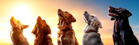 A Dogs looking up at sunset, showcasing different breeds and expressions of curiosity and joy. warm colors of sky enhance emotional connectionの素材